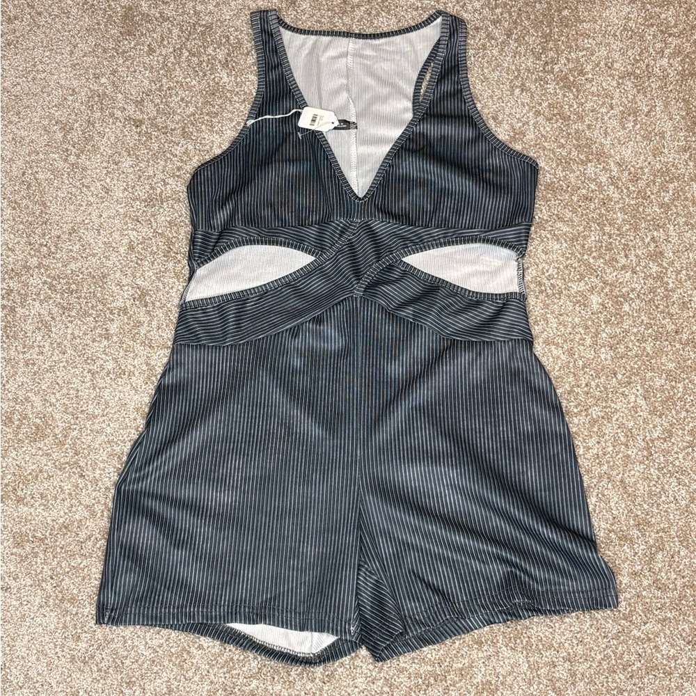 A Girl Thing Black and Gray Striped Jumpsuit
